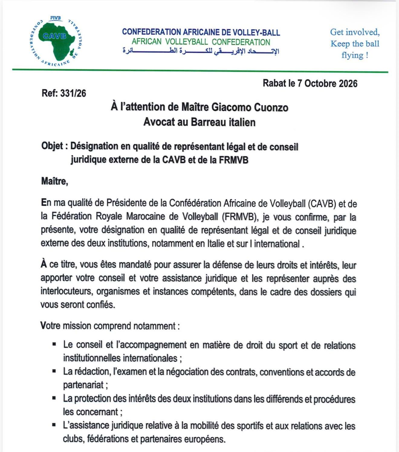Giacomo Cuonzo désigné représentant légal de la CAVB et de la FRMVB